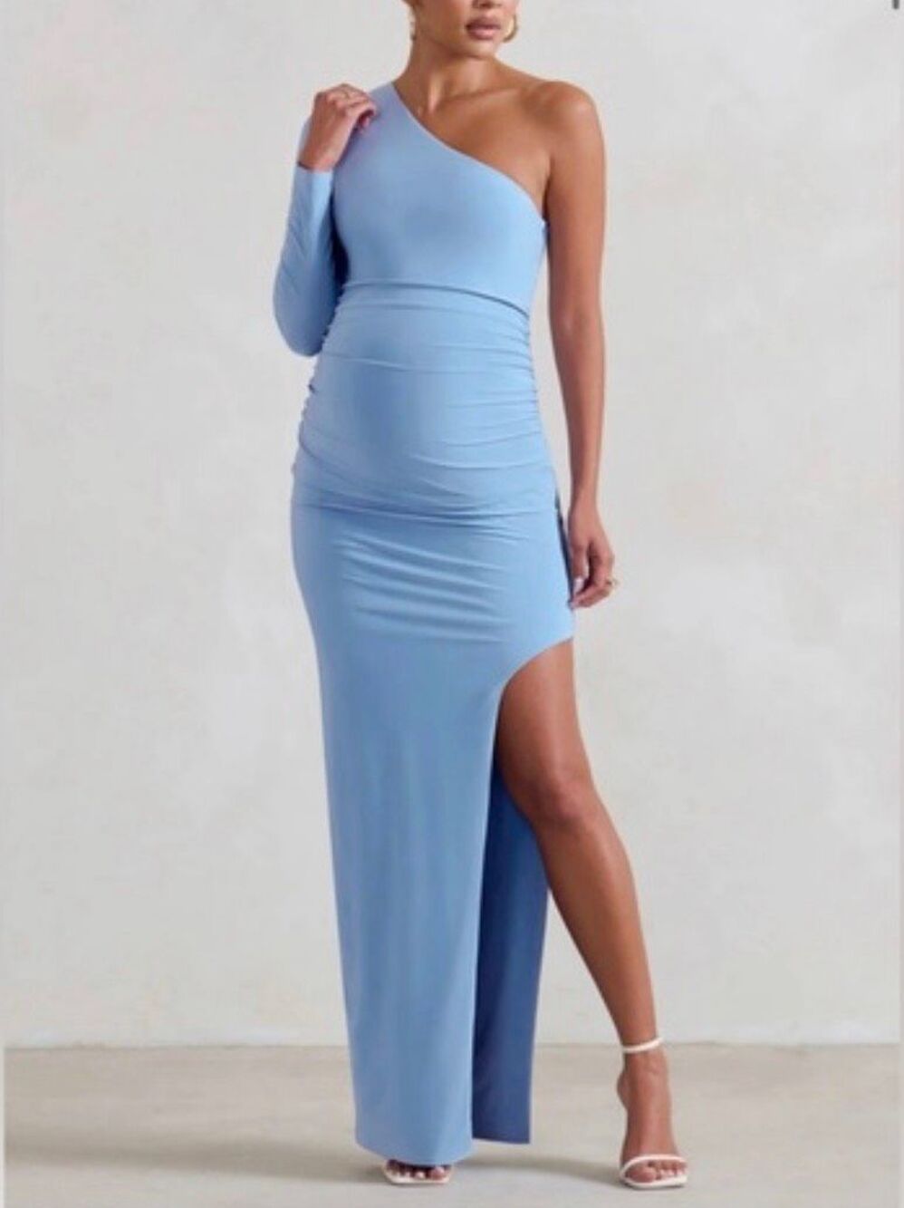 Club L NWT Powder Blue Paloma Maternity One Sleeve Asymmetric Maxi Dress Size 10